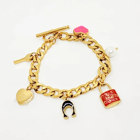 PULSERA CON DIJES DE CANDADO, CORAZÓN, PERLA