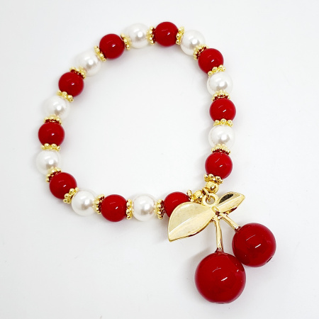 PULSERA CEREZAS PERLAS  BLANCAS/ROJAS
