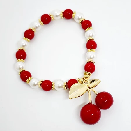 PULSERA CEREZAS PERLAS  BLANCAS/ROJAS